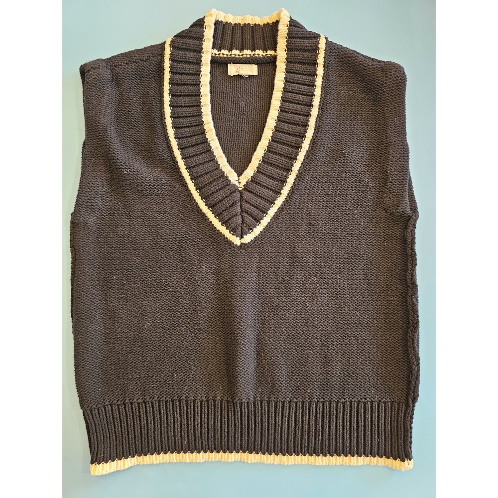 Elan Knit Vest Sweater black Cream Trim V‎ Neck Sleeveless Size S
